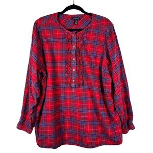 Lands End Womens 3X Red Plaid Button-Front Long-Sleeve Flannel Night Shirt